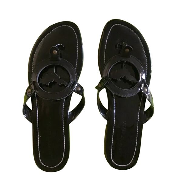 EUC Vintage 2000s‎ Y2K Laurent Effel Black Patent Leather Logo Sandals - Picture 1 of 12